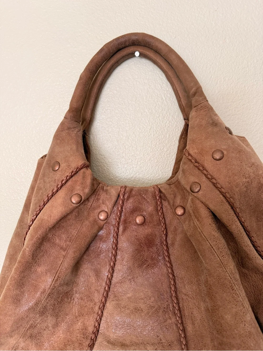 Soft Brown Suede Hobo Handbag with Braided Trim